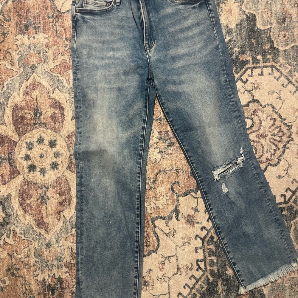 Blue Straight Leg Jeans with Distressed Knee